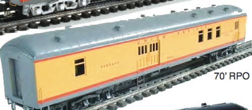 Golden Gate Depot UP yellow 70' harriman style baggage/mail car , 2 rail 
