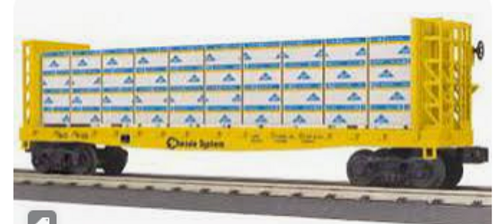Railking  semi scale Chessie (B&O)  bulkhead flat car w/wrapped lumber  load, 3 rail