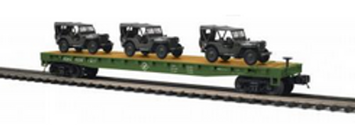 MTH Premier US army flat car with (3) OD Willys Jeeps, 3 rail 