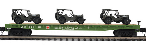 MTH Premier US army flat car w/ 3  Willys MASH Jeeps, 3 rail 