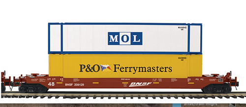 MTH Premier BNSF husky stack cars with 2 P&O, MOL containers, 3 rail