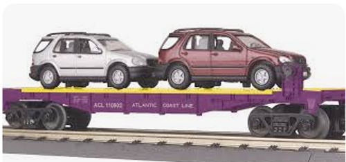 MTH Railking semi scale  40' flat car with 2 Mercedes Benz M Class Cars, 3 rail