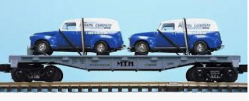 MTH Railking  Flat Car with 1950 Panel Vans, Like New Condition
