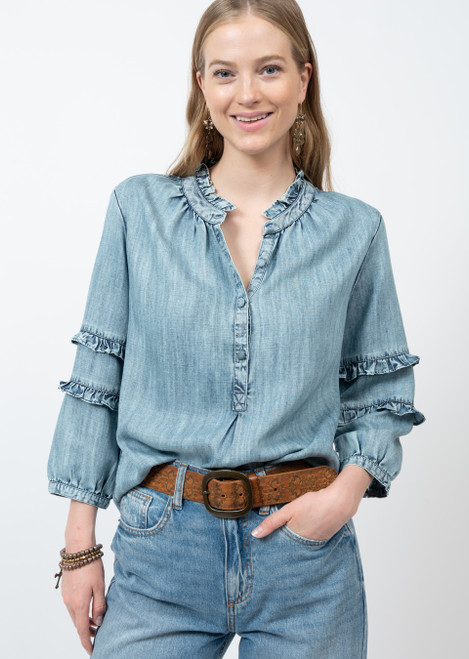 DOUBLE RUFFLE SLEEVE DENIM TOP 621417