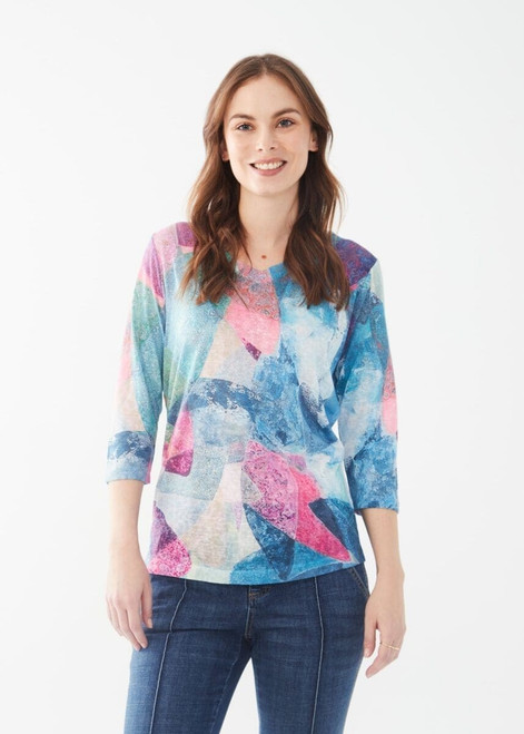 3/4 Sleeve V-Neck Abstract Jersey Top 3276451
