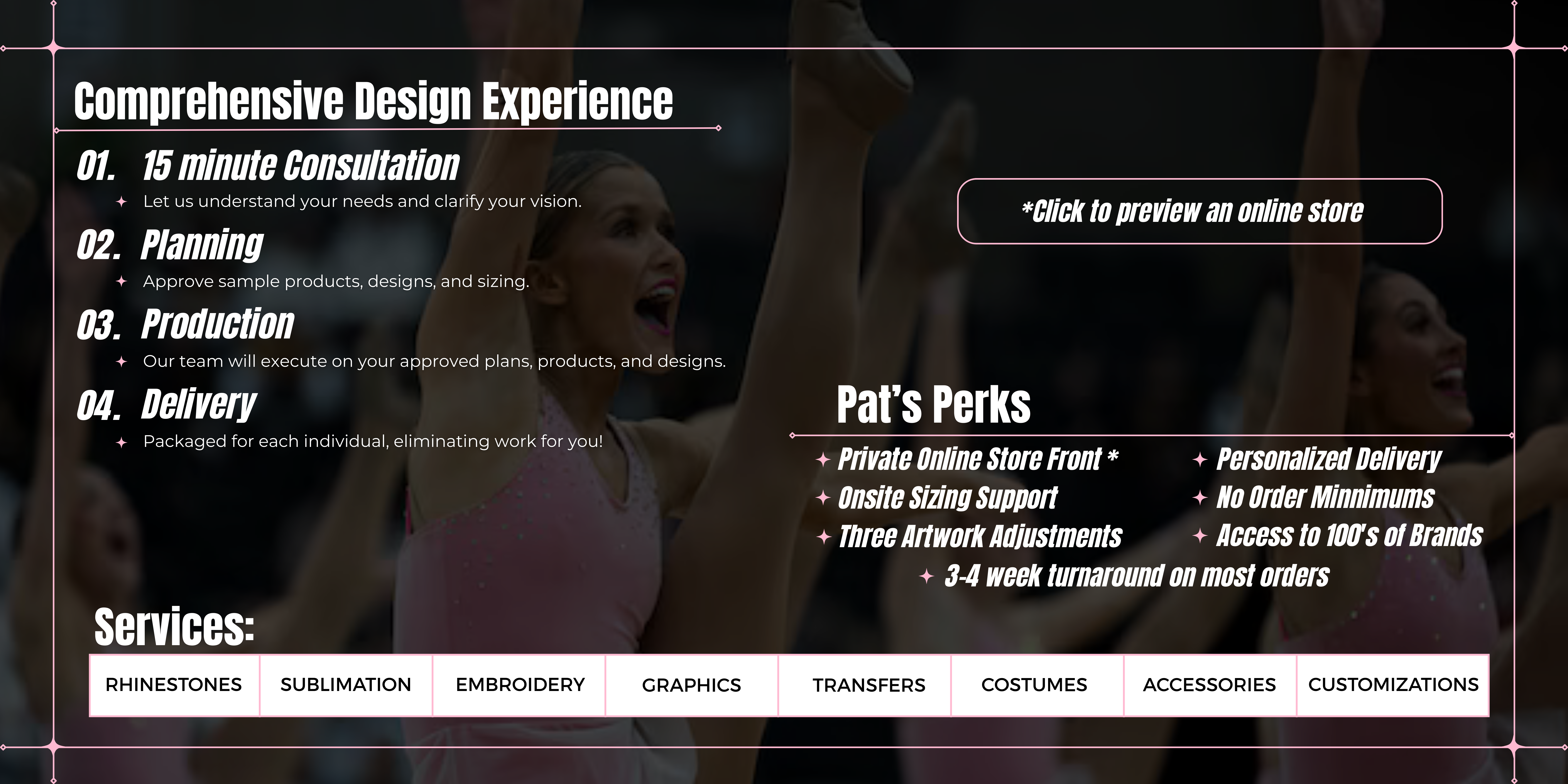 Custom team apparel, warmups, costumes, rhinestones, and bulk orders for dance, cheer, theatre, and performance groups across Utah. Request a Team Sales quote today.