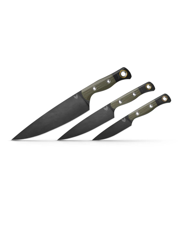 Benchmade 3 Piece Kitchen Knife Set, Black Blades, OD Green G10 Handles with Black G10 Bolsters - 4000BK-01