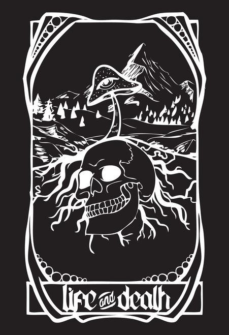 Main design of the "Life and Death" t-shirt featured on the back