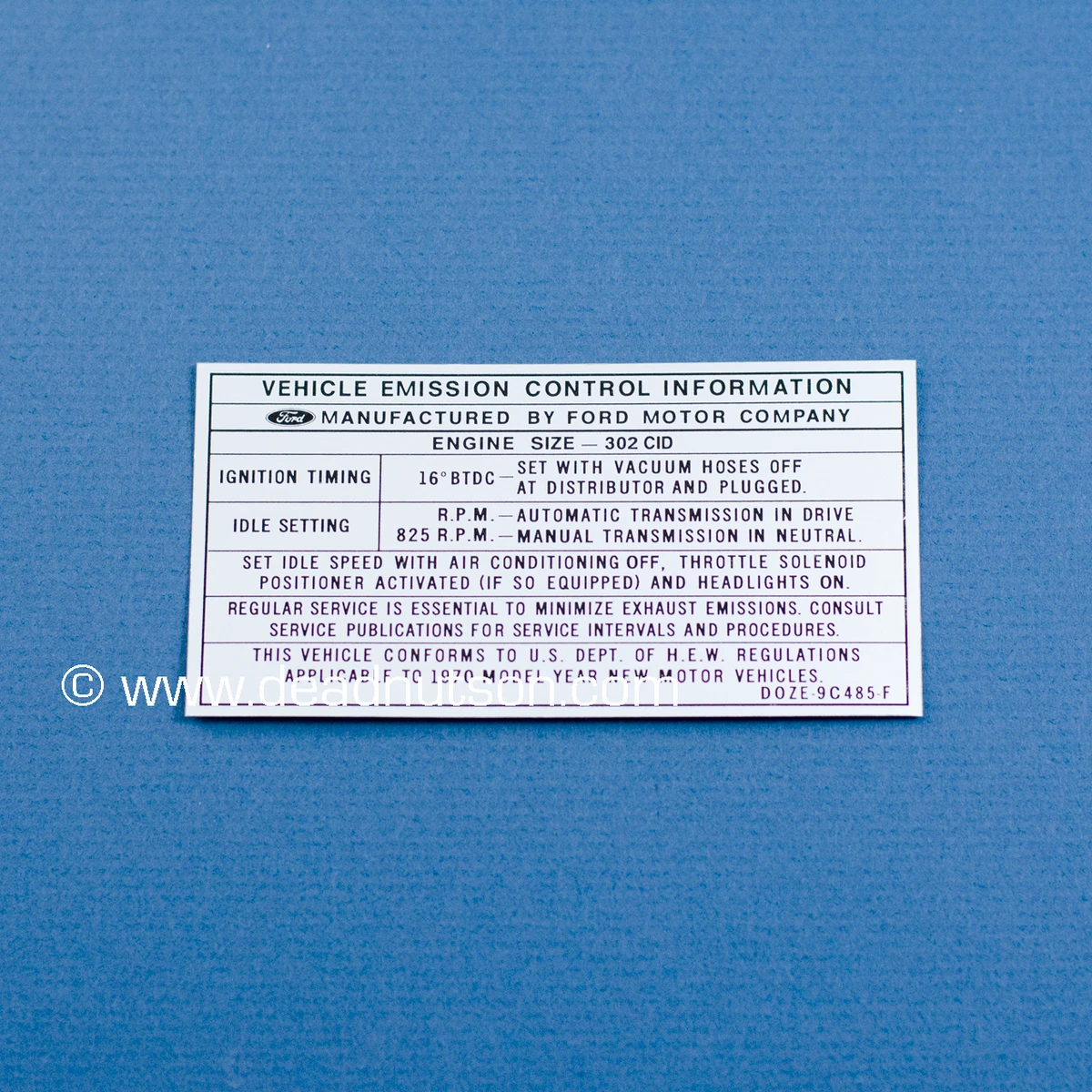 1970 BOSS 302 Engine Emissions Decal (Mid - Late Production) - Dead Nuts On