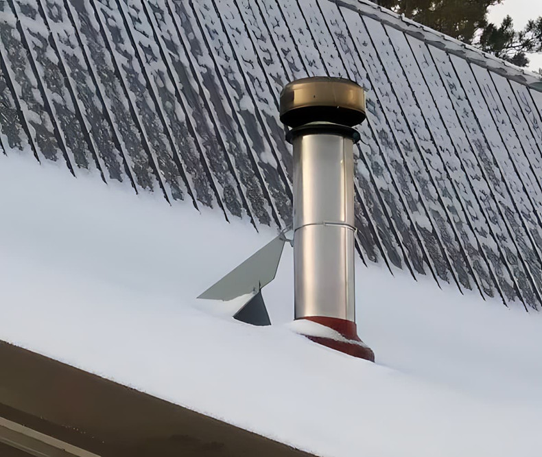 What is the best way to protect a vent pipe from snow and ice on a metal roof?