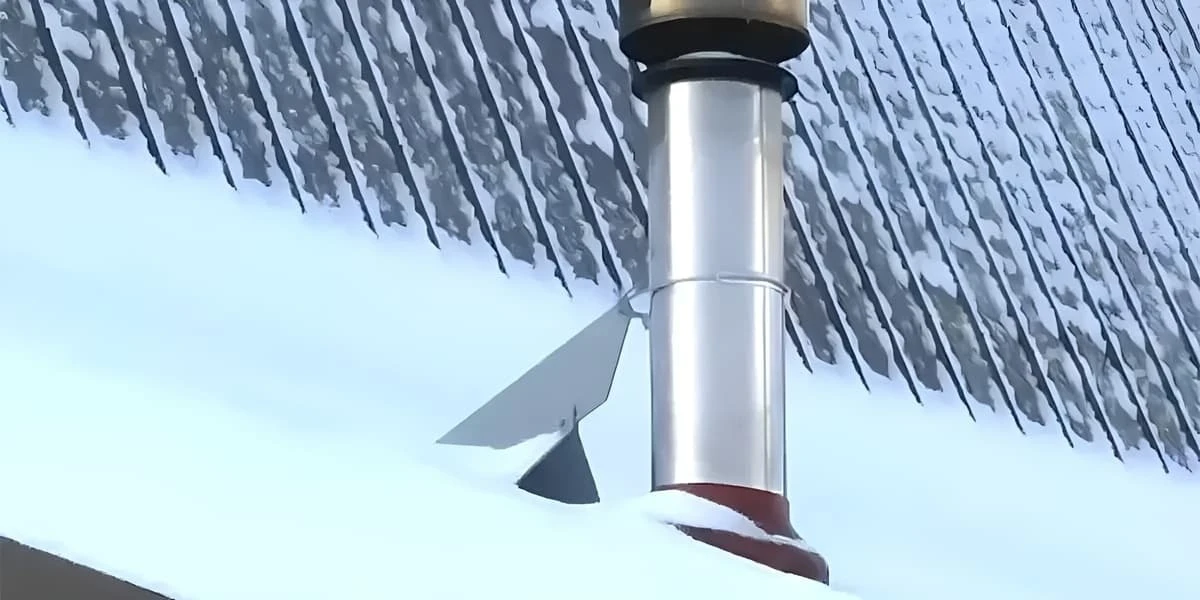 VentSaver snow diverter protecting a roof vent pipe on a snow-covered metal roof