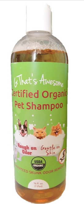 Certified organic pet shampoo, 100% biodegradable, guaranteed to remove the toughest odors such as skunk, yet gentle on your pet's skin and yours too! Leaves your pet's coat shiny and smelling nice. Best odor remover on the market. Certified organic pet shampoo, 100% biodegradable, guaranteed to remove the toughest odors such as skunk, yet gentle on your pet's skin and yours too! Leaves your pet's coat shiny and smelling nice. Best odor remover on the market.