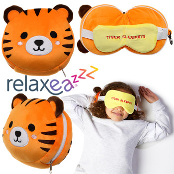 Relaxeazzz Plush Travel Pillow and Eye Mask - Tiger