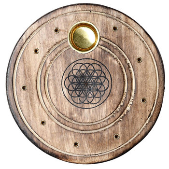 Mango Wood Round Flower of Life Ashcatcher Incense Stick & Cone Burner