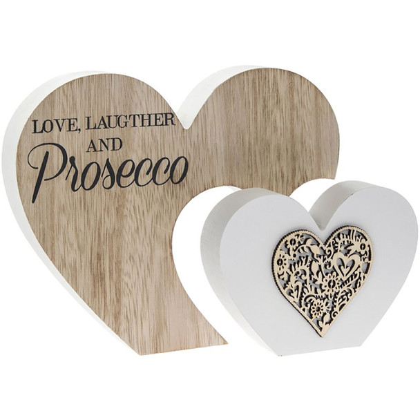 Sentiment Wooden Heart Plaque - Love Laughter Prosecco