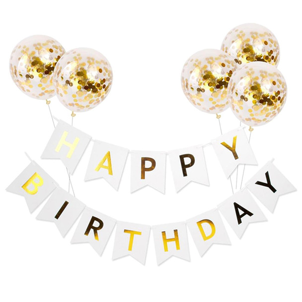Happy Birthday Banner with 5 Confetti Balloons Set - White