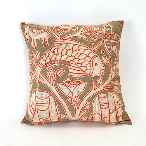 Beige Orange Fish Embroidered Pillow