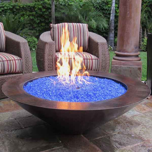 48" Grand Cobre Copper Fire Bowl with blue fire glass