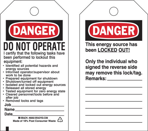 3" x 5.75" Brady Tag (Black, Red on White) (Pack of 25 Tags) - 66062