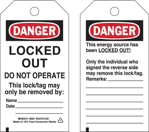 3" x 5.75" Brady Tag (Black, Red on White) (Pack of 25 Tags) - 66067