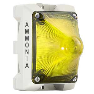 Horn/Strobe 120VAC, 100dB, white body, yellow lens, weather proof enclosure labeled 'AMMONIA'