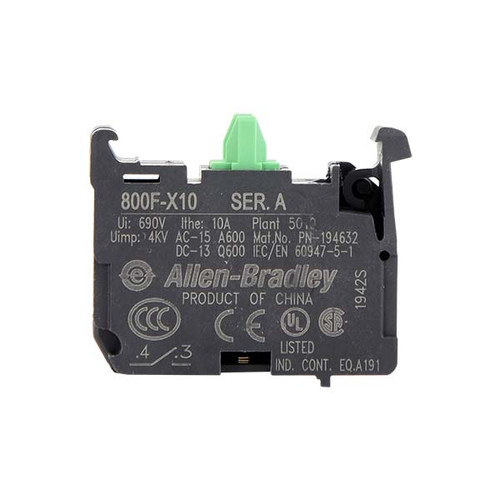 NO Contact, 10A 120Vac Contact Block, Allen Bradley 800F-X10