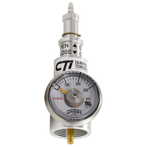 Regulator for 17L calibration gas bottle. Fixed 0.5 LPM flowrate, integral 300psi pressure gauge