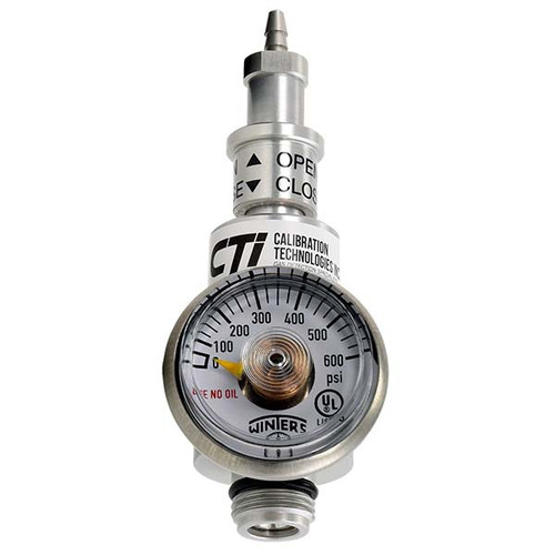 Regulator for 34L calibration gas bottle. Fixed 0.3 LPM flowrate, integral 600psi pressure guage