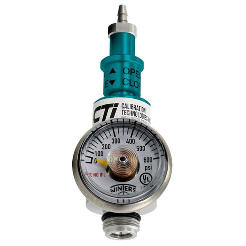 Regulator for 34L calibration gas bottle. Fixed 0.8LPM flowrate, Integral 600 PSI pressure gauge