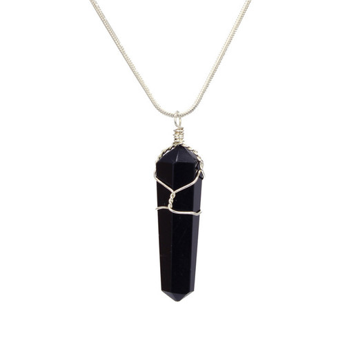 Black Obsidian Wire Wrap Point Pendant Necklace