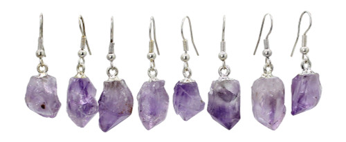 Raw Amethyst Point Earrings ~

The Stone of Tranquility & Psychic Power. Provides peace, balance and a feeling of oneness with your spiritual goals. Heightens intuition, provides protection and healing. Helps one to break free from addictions. Activates the third eye chakra. Assists in dreaming, astral travel & meditation.