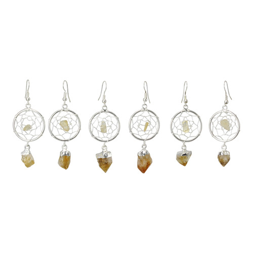 Silver Plated Dream Catcher Earrings with Citrine Point ~

A prosperity stone, attracting good fortune, luck and personal power. Carrying the power of the sun, its bright energy activates the Solar Plexus Chakra. Helps to bring feelings of happiness, joy and clarity.