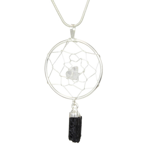 Silver Plated Web w/ Black Tourmaline Point Pendant Necklace