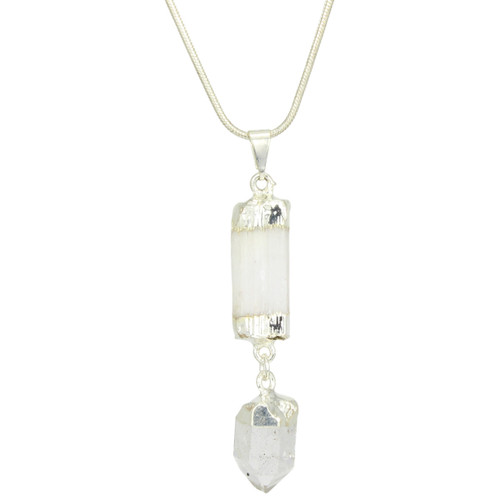 Silver Plated Selenite Blade w/ Clear Quartz Dangle Point Pendant Necklace