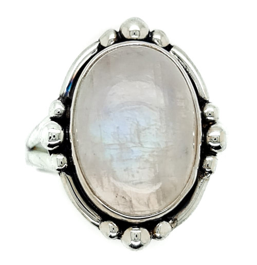 Sterling Silver Oval Rainbow Moonstone Indian Gemstone Ring ~

Rainbow Moonstone ~ A Goddess stone that is associated with the magic of the moon. Most powerful time to use a moonstone is during a full moon. Brings good fortune, success and love. Assists in foretelling the future. Enhances intuition and promotes inspiration. A passionate love stone, stimulating kundalini energy. An excellent stone to use during meditation to understand oneself.