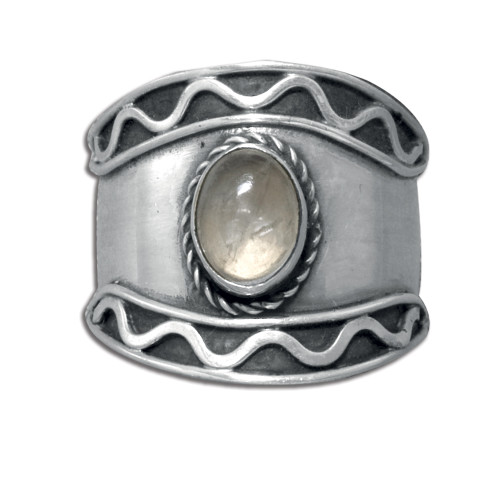 Handmade Sterling Silver Balinese Women's Band Ring with Rainbow Moonstone ~

Rainbow Moonstone ~ A Goddess stone that is associated with the magic of the moon. Most powerful time to use a moonstone is during a full moon. Brings good fortune, success and love. Assists in foretelling the future. Enhances intuition and promotes inspiration. A passionate love stone, stimulating kundalini energy. An excellent stone to use during meditation to understand oneself.