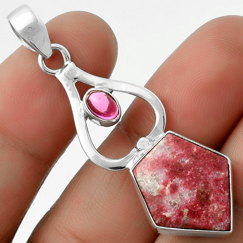 Pink Thulite and Ruby Pendant, Length 2 inch