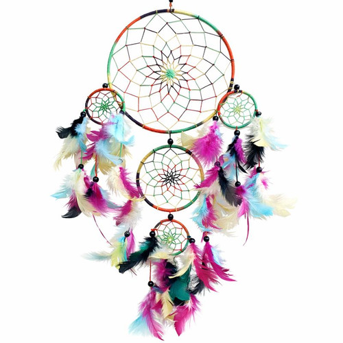 Multi Color Web Catcher Five Rings with Feathers & Beads