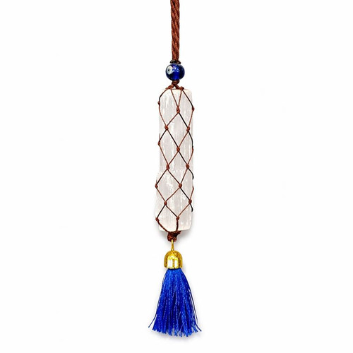 Selenite macrame wall hanger with tassel on white background