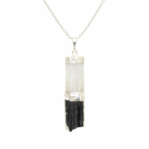Selenite and Black Tourmaline Cylinder Pendant Necklace