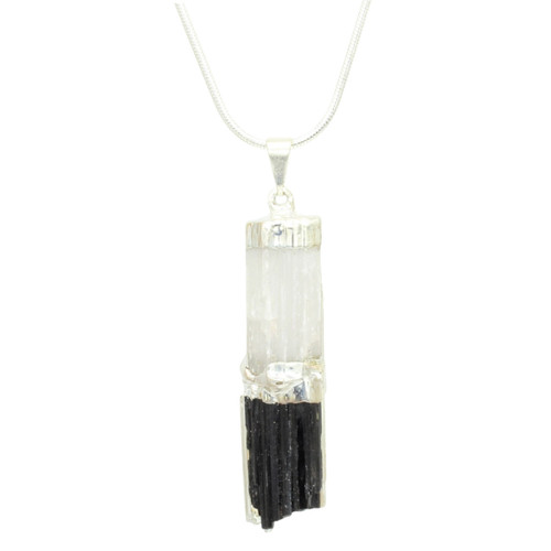 Selenite and Black Tourmaline Cylinder Pendant Necklace