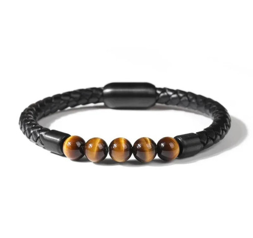 tigers eye single band gemstone leather clasp bracelet