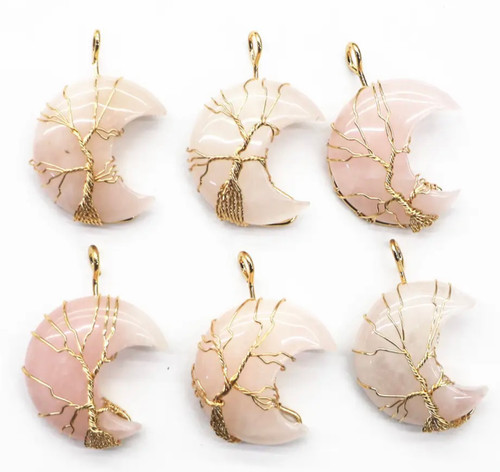 Assorted Moon Wire-Wrapped Tree of Life Necklace - rose quartz