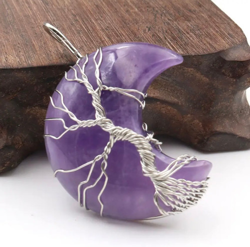 Assorted Moon Wire-Wrapped Tree of Life Necklace - Amethyst