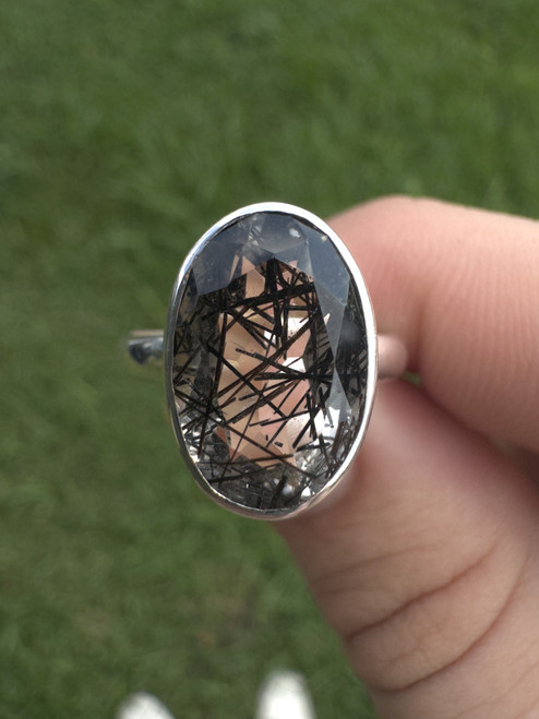 Sterling Silver Black Tourmaline In Quartz Ring Size: 8