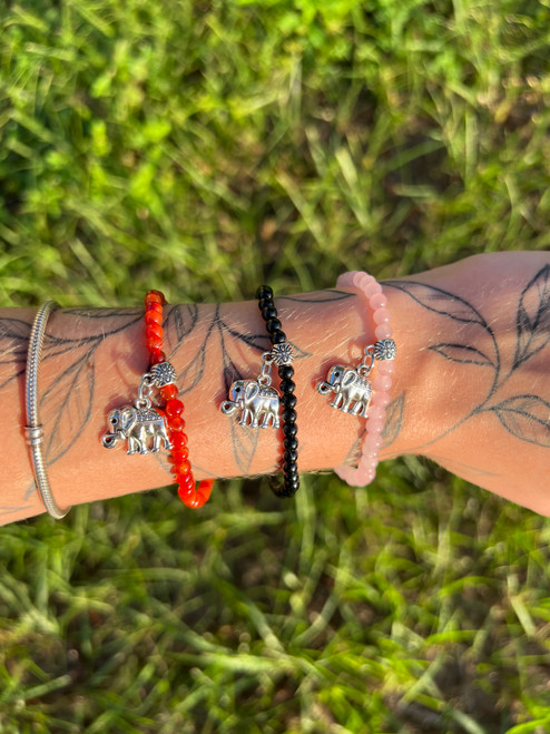 Crystal Beaded Anklet With Elephant Charm - Gemstones Vary