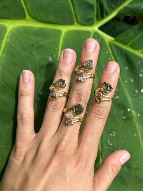 Gold-Plated Moldavite, Pakimer Diamond & Campo del Cielo Meteorite Ring
