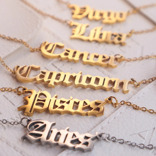Zodiac Name Necklace - Gold or Silver Stainless Steel Astrology Jewelry