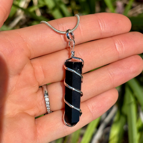 Black Obsidian Wrapped Coil Pendant Necklace