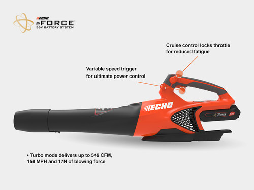 The battery-powered blowing force the landscaping world has been waiting for. The DPB-2500 handheld blower, powered by the eFORCE® 56V battery system, can blow 549 CFM at 158 MPH. It's ideal for use in locations that restrict gas-powered blowers.